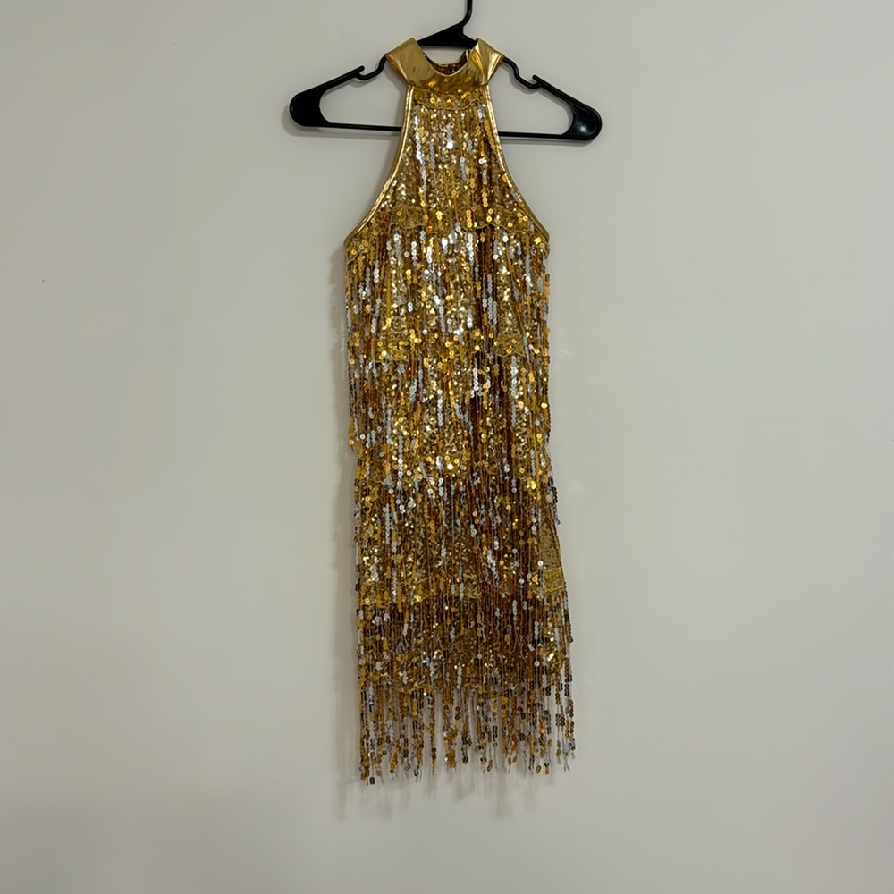 Women’s size medium dance costume dress gold sequin fringe
